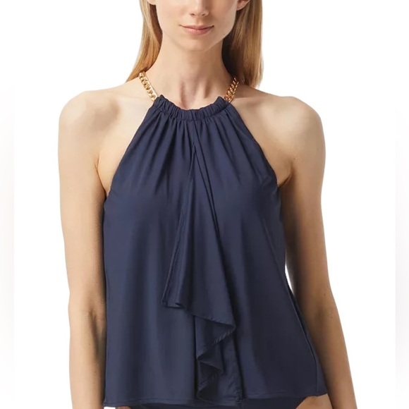 Michael Kors Gold Chain High Neck Flowy Tankini Top Blue Size Small - Picture 14 of 14